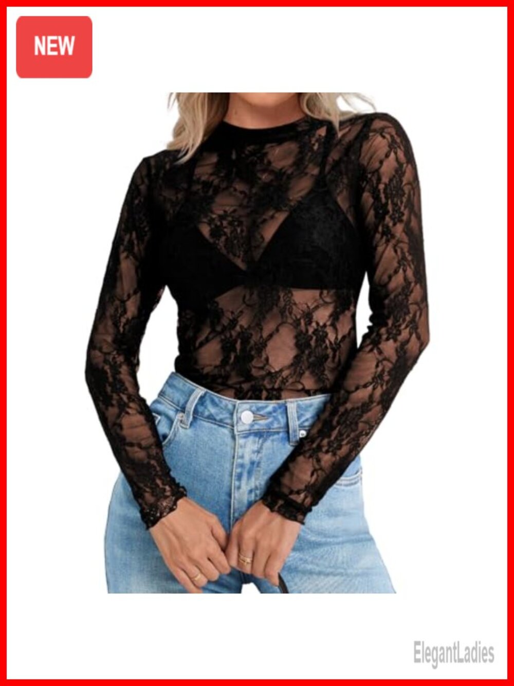 Womens Lace Mesh Long Sleeve Top Sheer Mock Neck Blouse